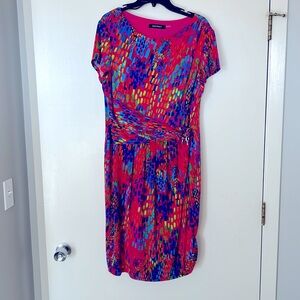 Ellen Tracy cocktail party dress in red, blue, pink with gold accent belt